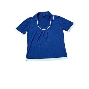 ESCADA Women's 40 Blue Cotton White Black Trim Short Sleeve Studded Polo Shirt